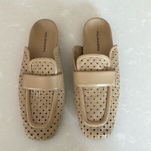 Halmanera Tan Laser Cut Accents Italian Leather Mules Size 9.5